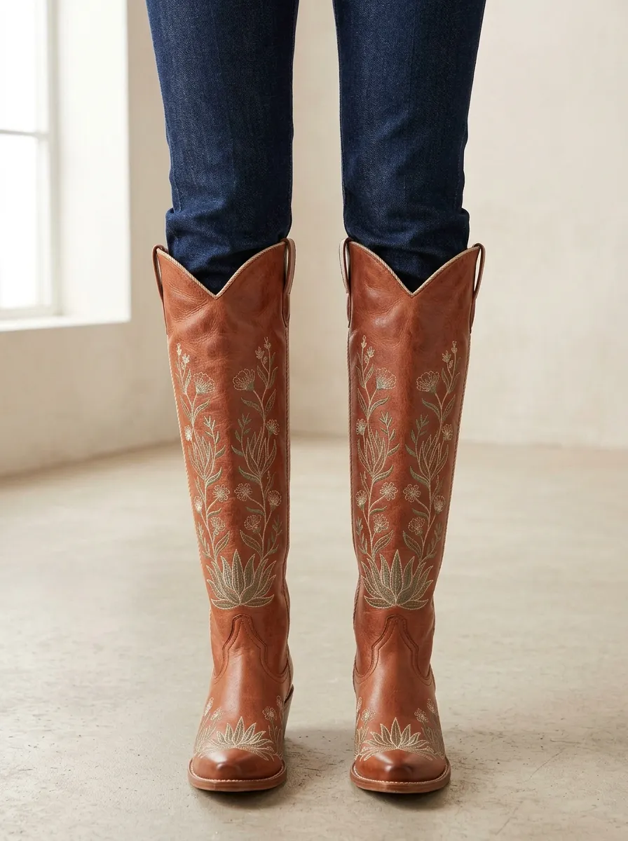 Women's Western Floral Embroidered Piped Pointed-Toe Block-Heel Stacked-Heel Denim Over-the-Knee Boots