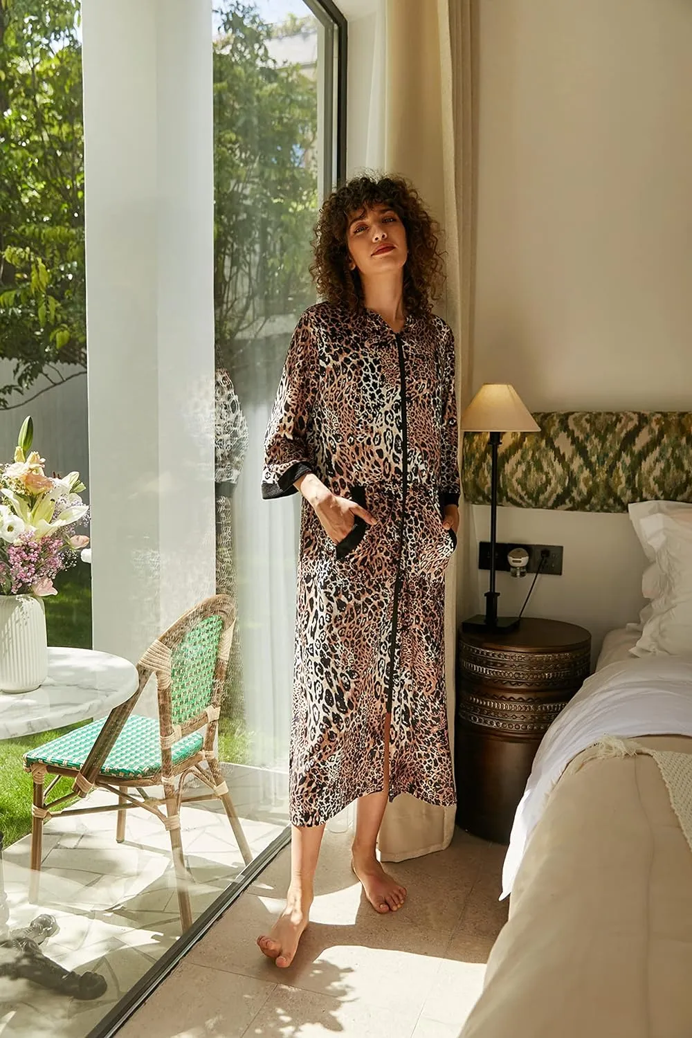 50% OFF Women Zipper Robe 3/4 Sleeves Loungewear Dress Full Length Sleepwear Pockets Housecoat Nightgown Long Bathrobe