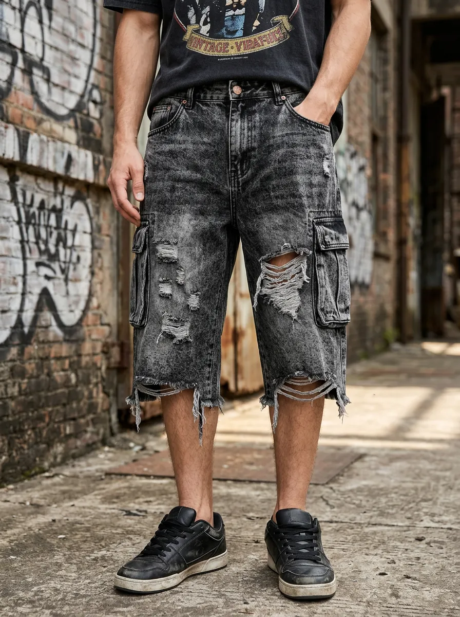Men's Acid Wash Cargo Denim Shorts with Five Pocket