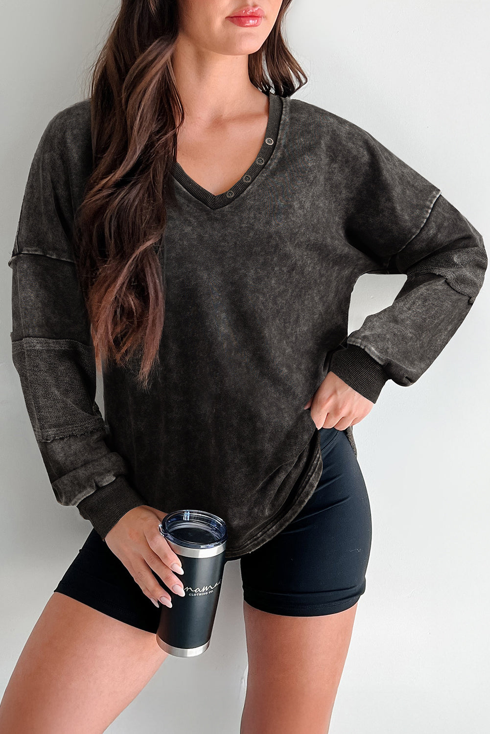 Women's Mineral Wash V Neck Button Detail Pullover Top