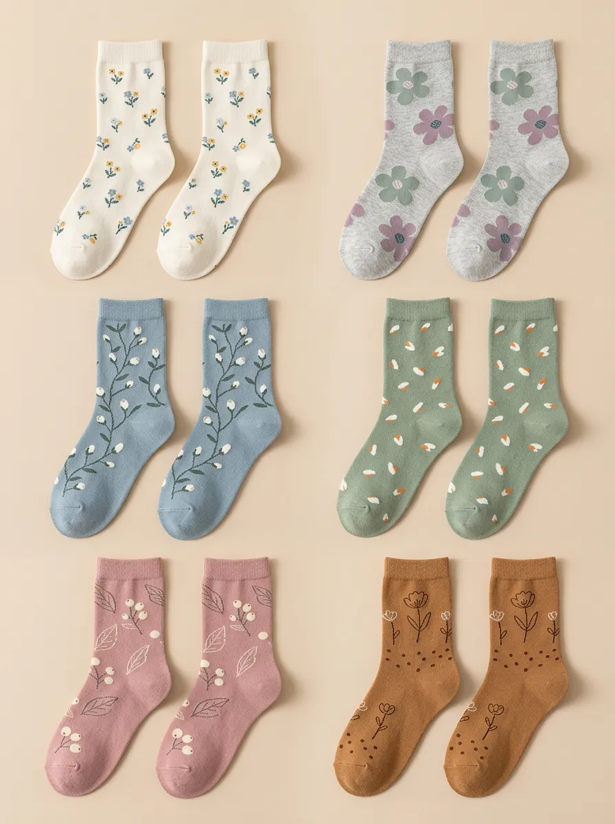 Women's Floral Line Art Crew Socks Six Pair Set