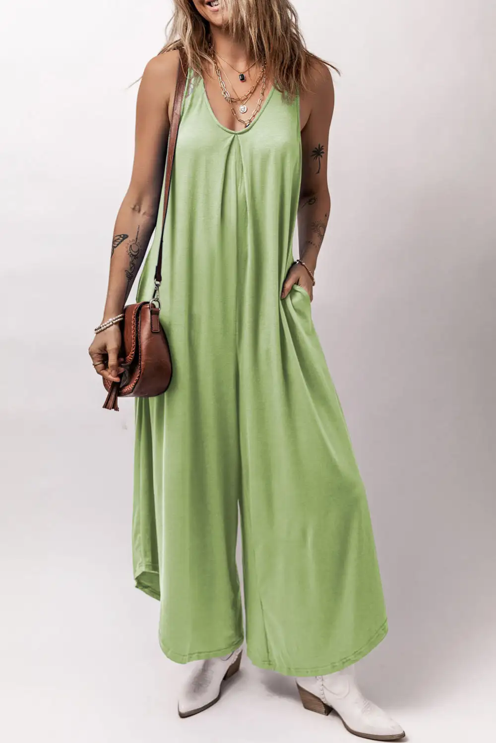 Grass Sleeveless V Neck Pocketed Wide Jumpsuit