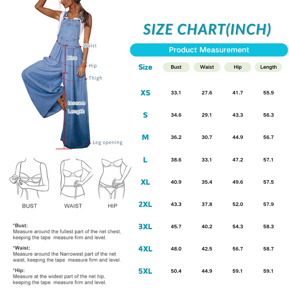 Women's Denim-Effect Print Plicated Wide Leg Overalls Jumpsuit