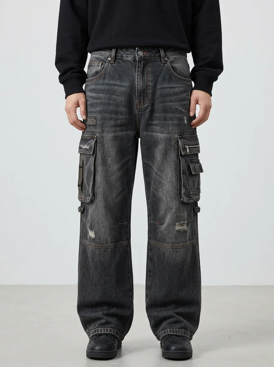 Men's Streetwear Washed Black Distressed Multi-Pocket Cargo Jeans