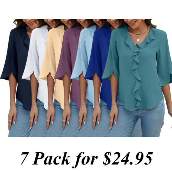 7PACK-Casual Blouses 3/4 Sleeve V Neck Ruffle Tops