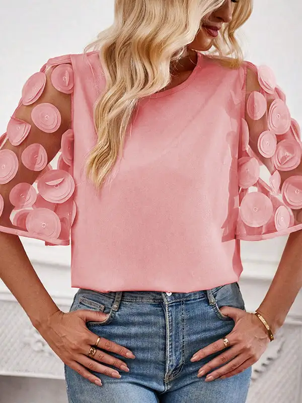 Half Sleeve Relaxed Cutout Mesh Polka Dot Panel Detail Round Neck T-Shirt