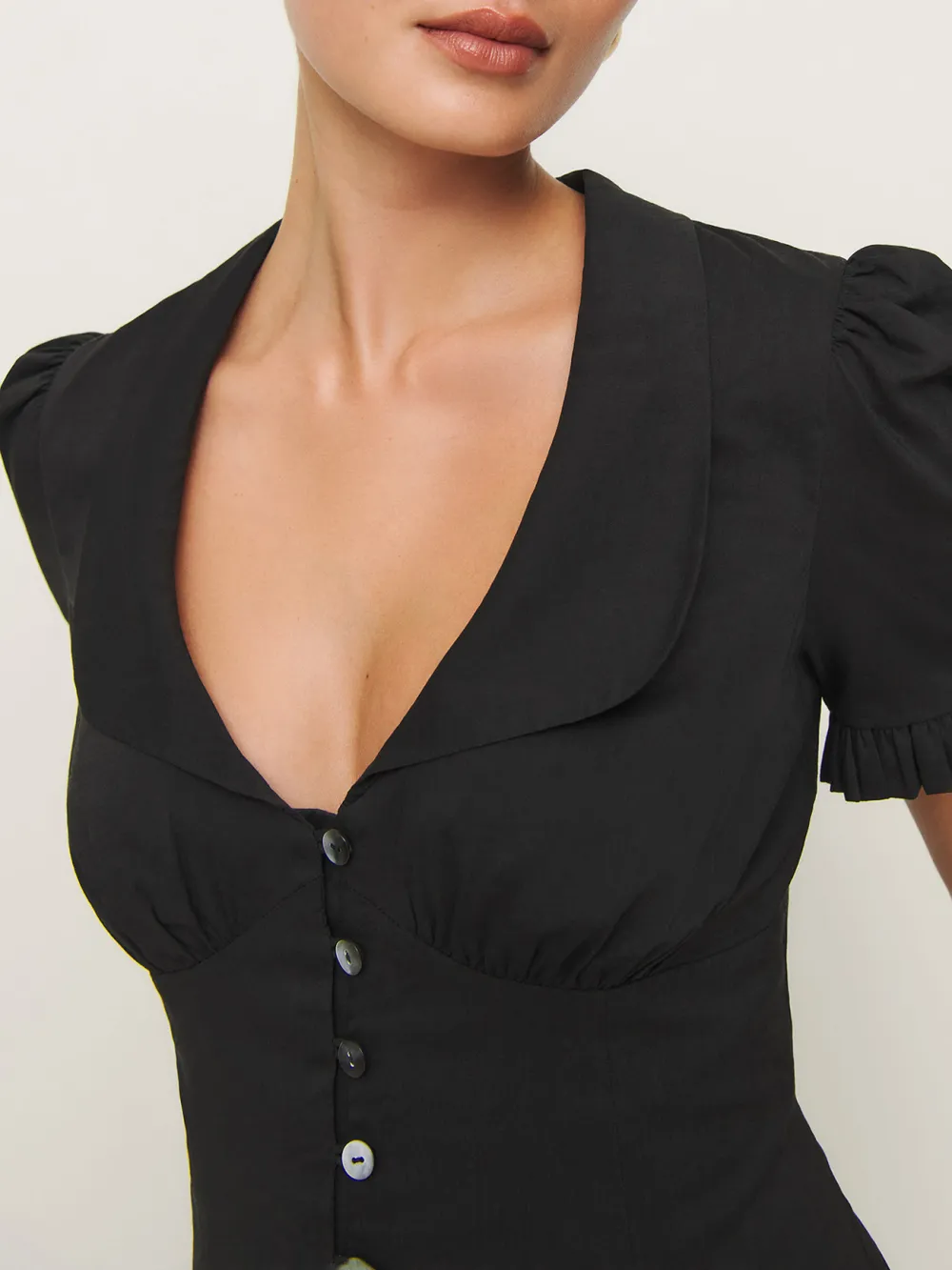 Button Front V Neck Puff Sleeve Top