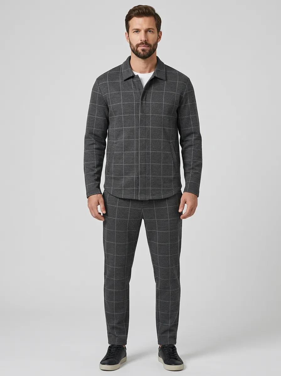 Men's Refined Textured Polo Collar Jacket and Jogger Pants Set
