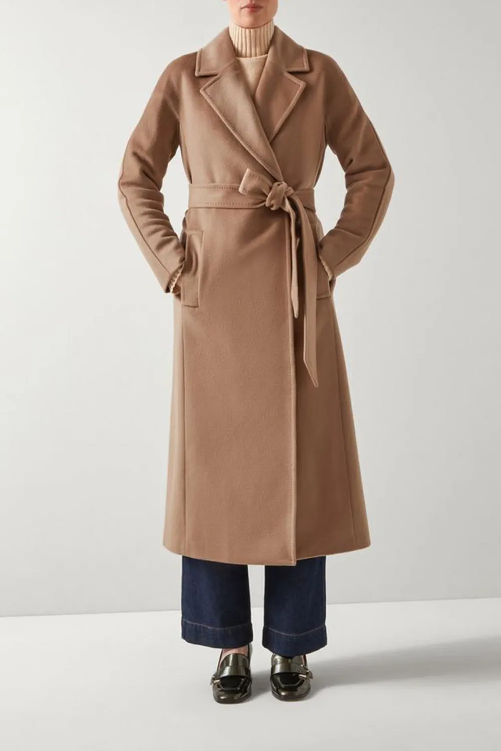 Camel Colored Belted Long Wool Coat