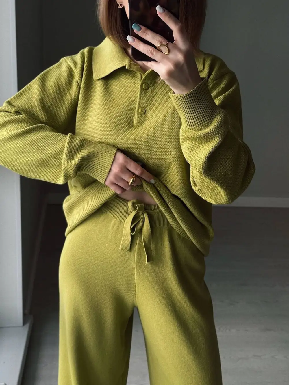 Polo Collar Top and Pants Or Skirt Knit Set