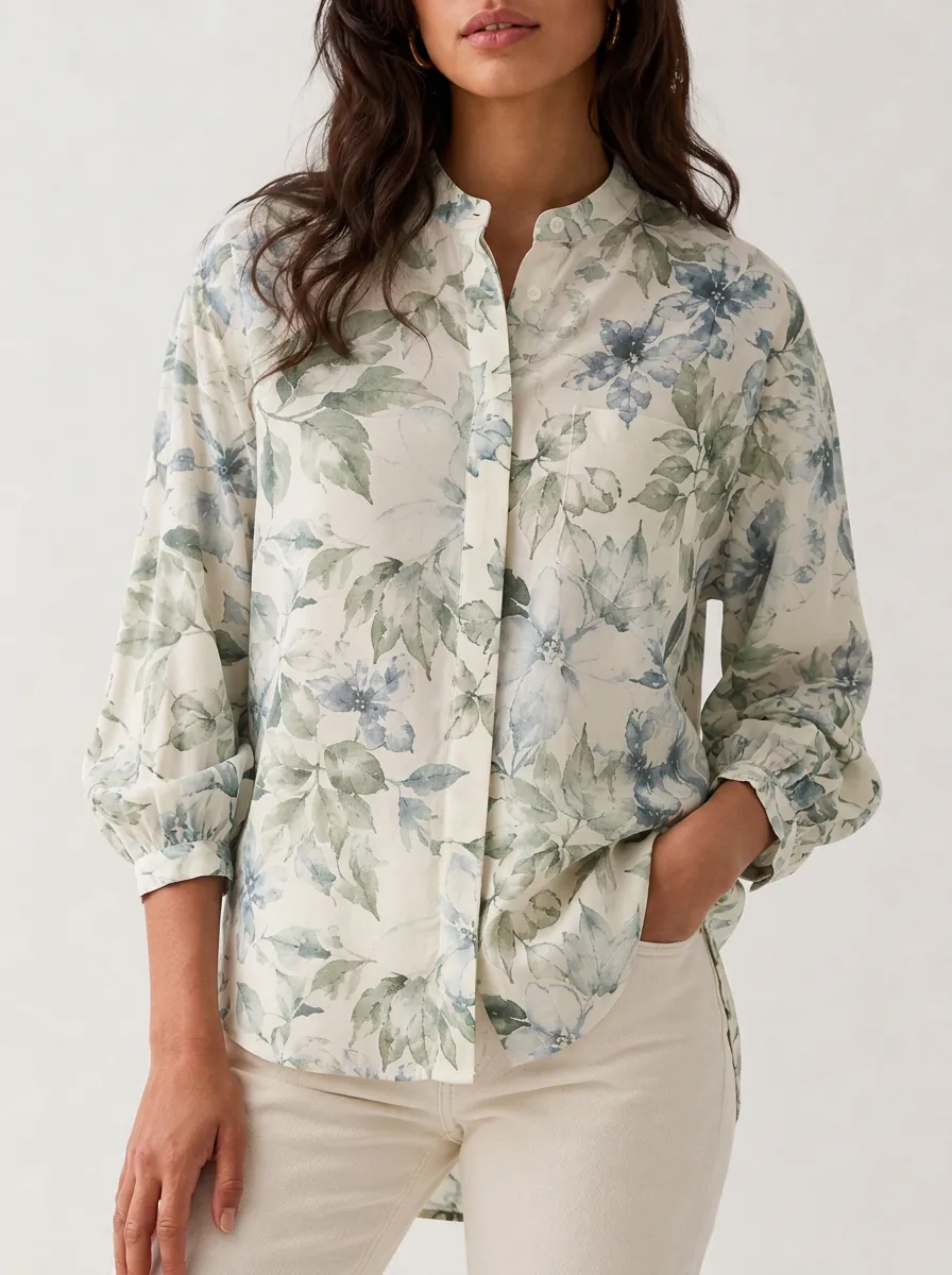 Women's Botanical Floral Mandarin Collar Blouse