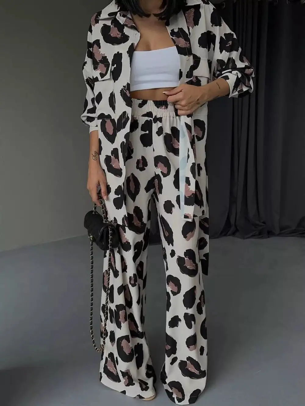 Leopard Print Relaxed Fit Shirt and Pants Set