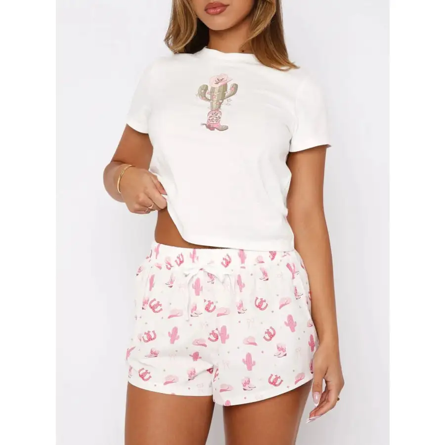 Printed Round Neck Short Sleeve Top and Drawstring Shorts Set
