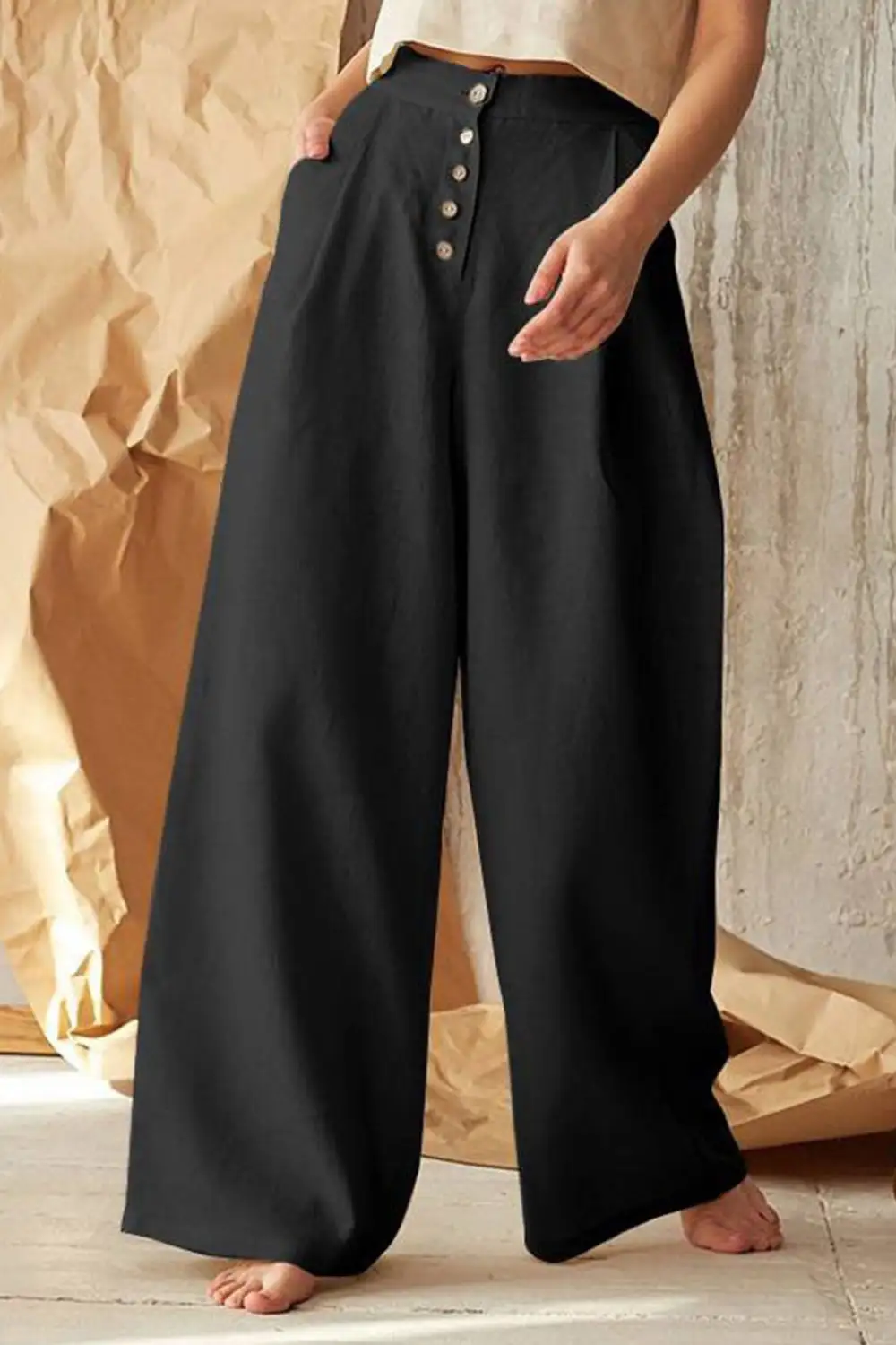 Front Button Wide Leg Cotton Linen Pants