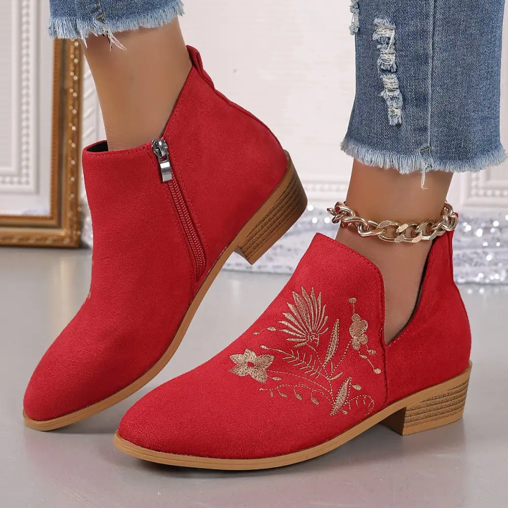 Embroidered Suede Pointed Toe Block Heel Boots