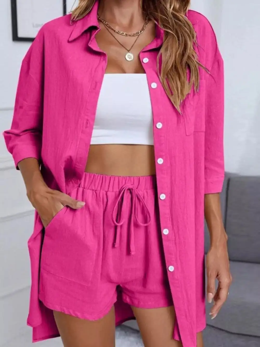 Button Down Shirt Shorts Set