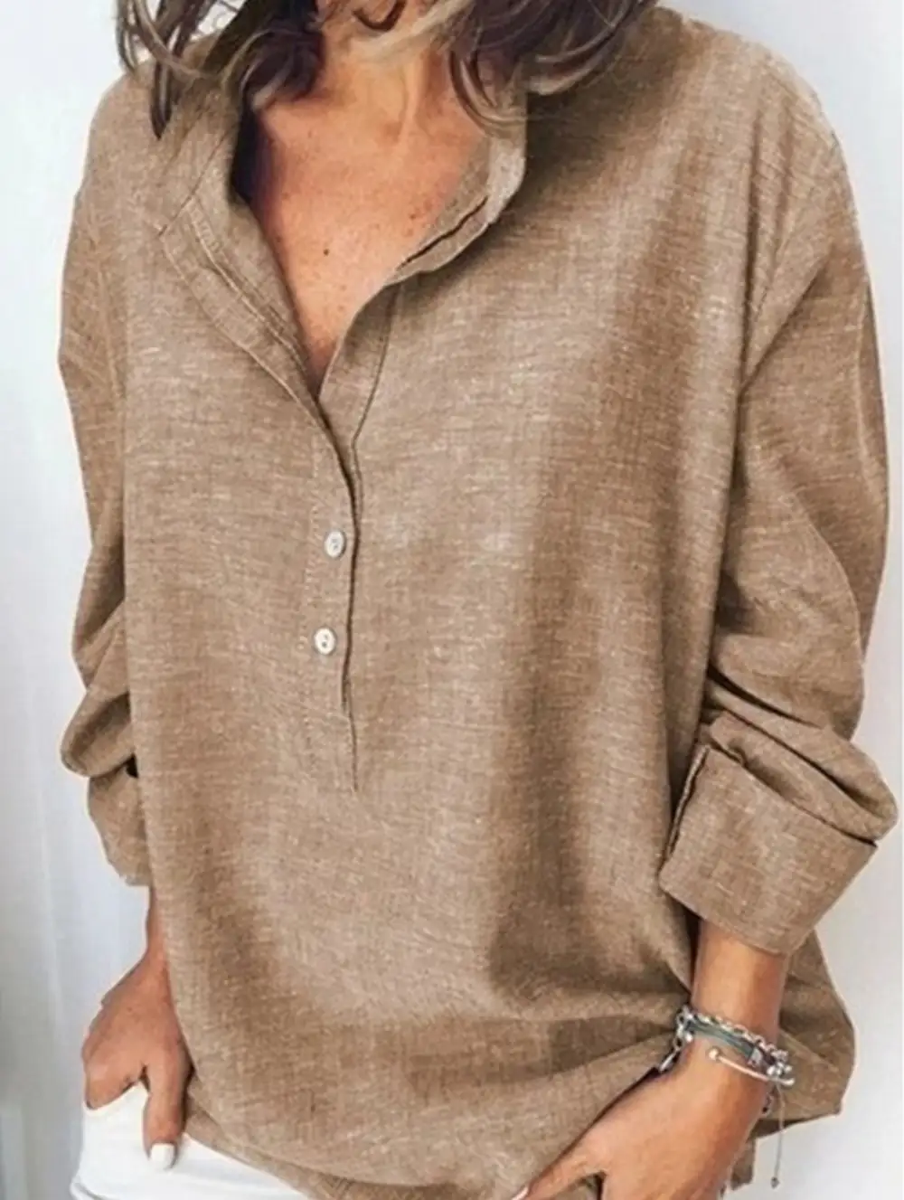 Button Detail Loose Long-Sleeved Shirt