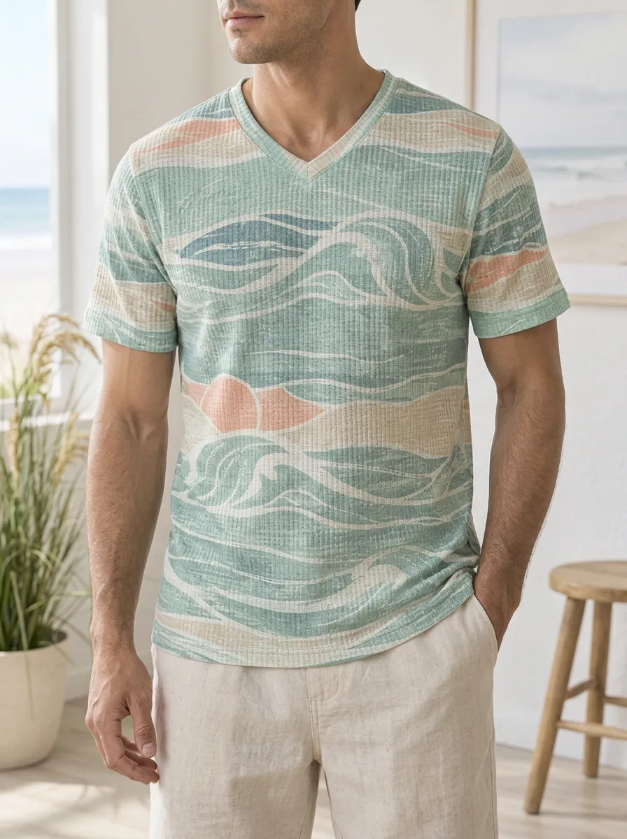 Men's Beach Lover Ocean Wave Abstract Printed V-Neck T-Shirt