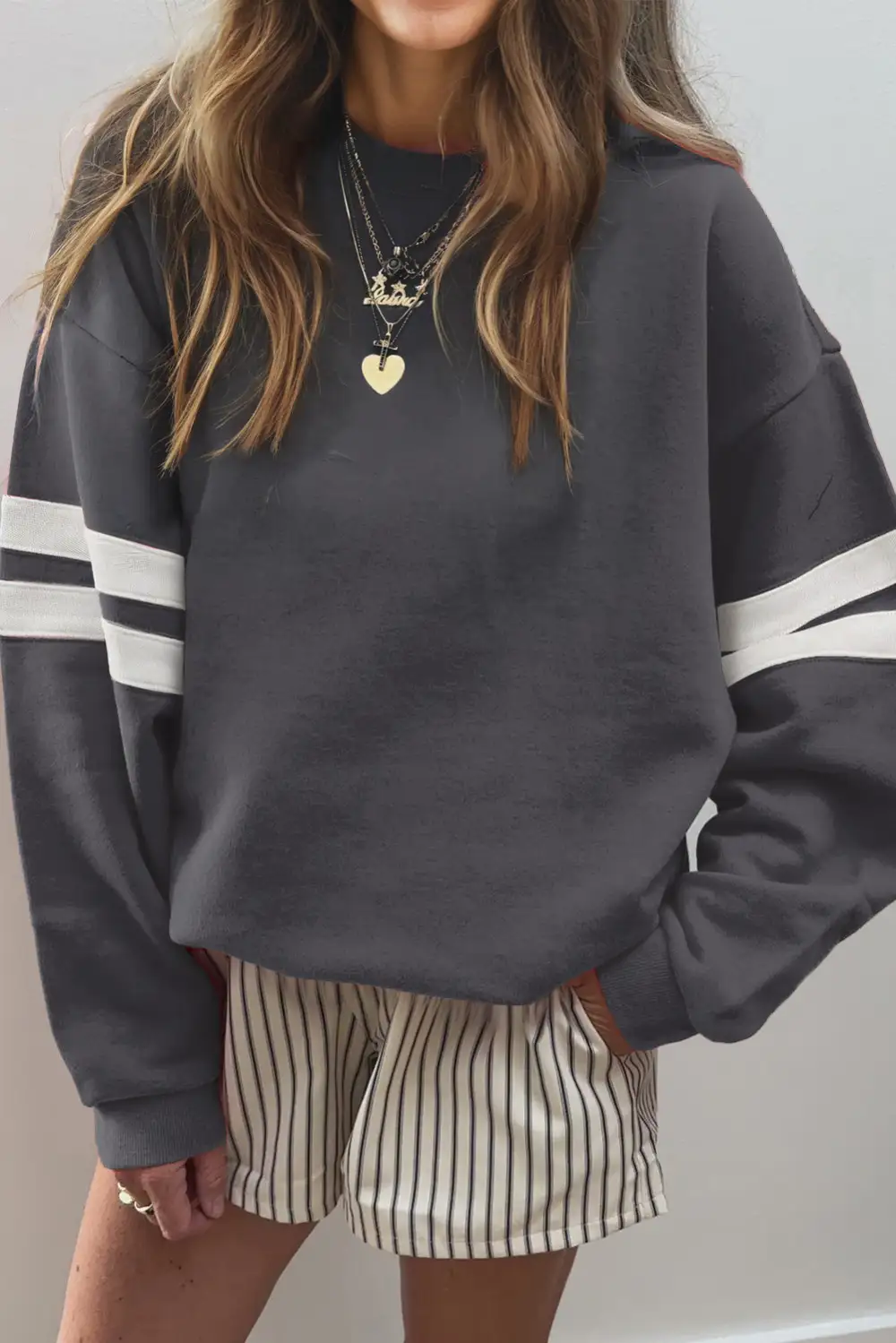 Easygoing Relaxed Striped Drop Shoulder Varsity Stripe Sweatshirt