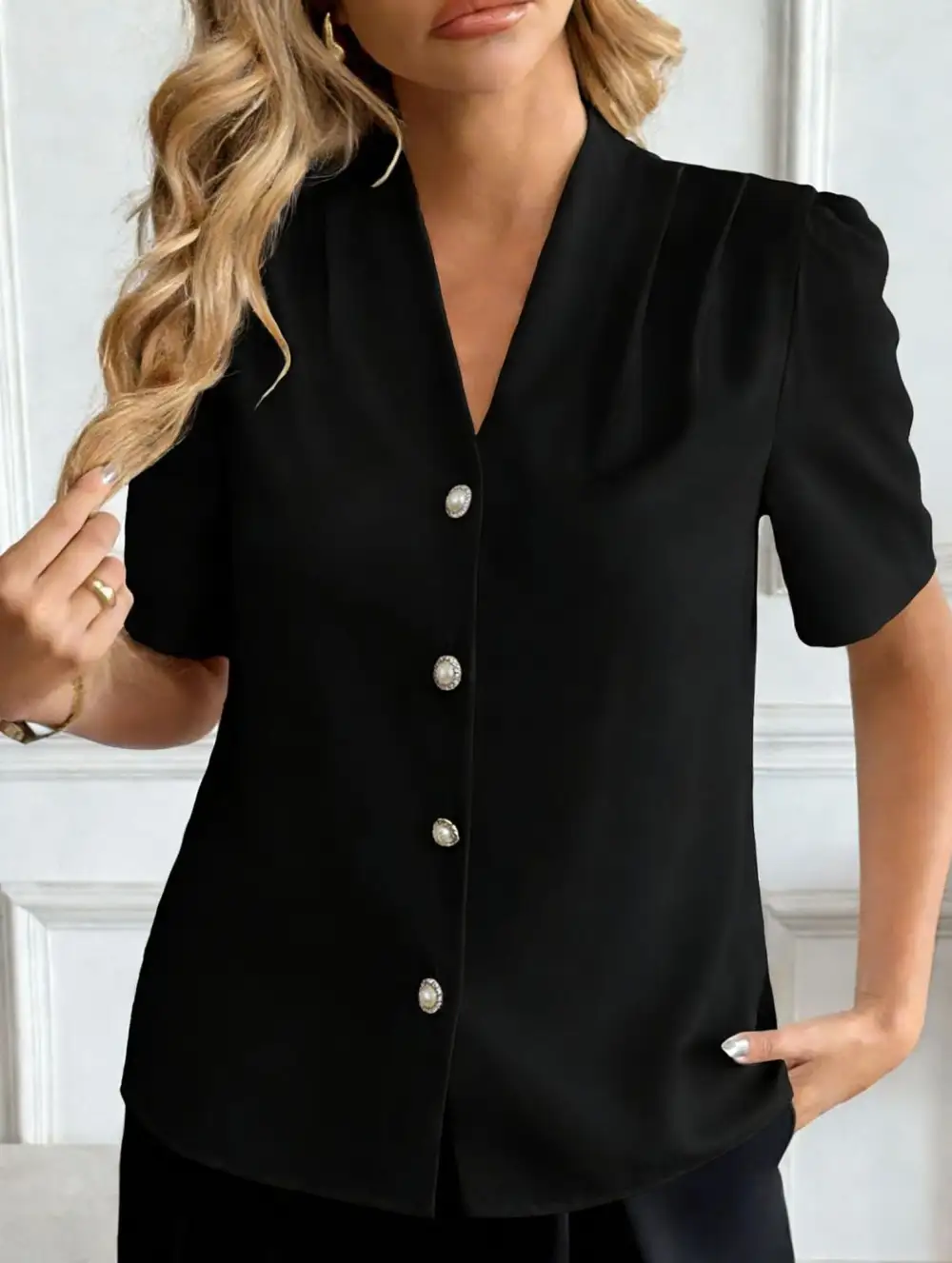 V Neck Button Short Sleeve Shirt