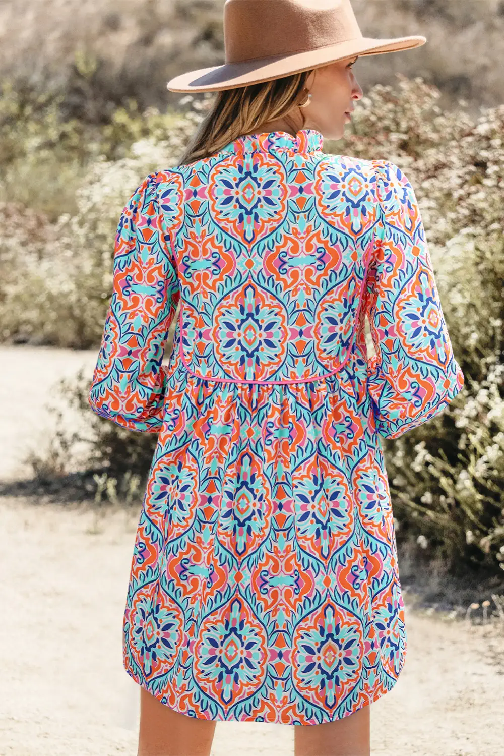 Abstract Print Tie Detail Long Sleeve Mini Dress