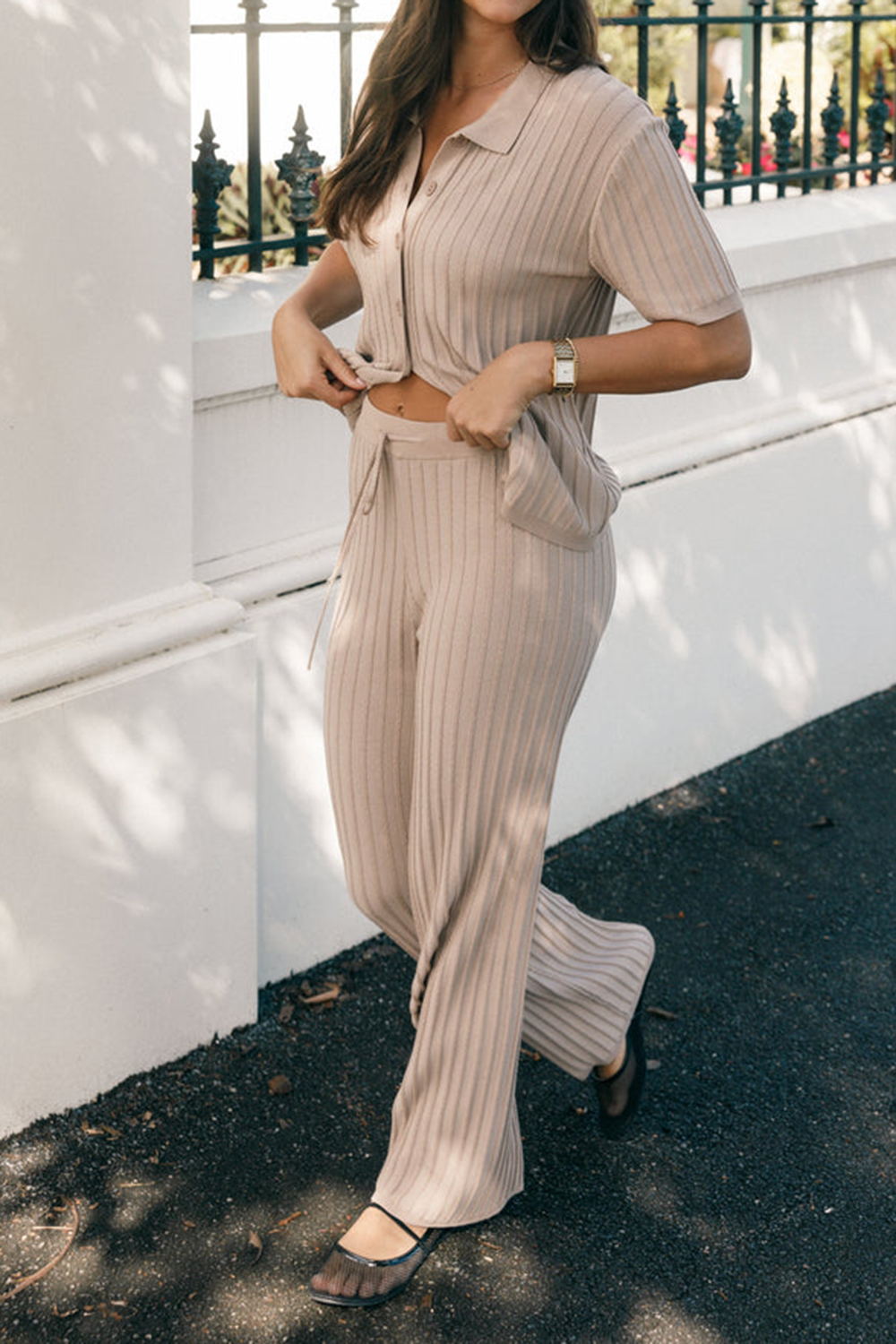 BEIGE VERTICAL STRIPES RIBBED PANT