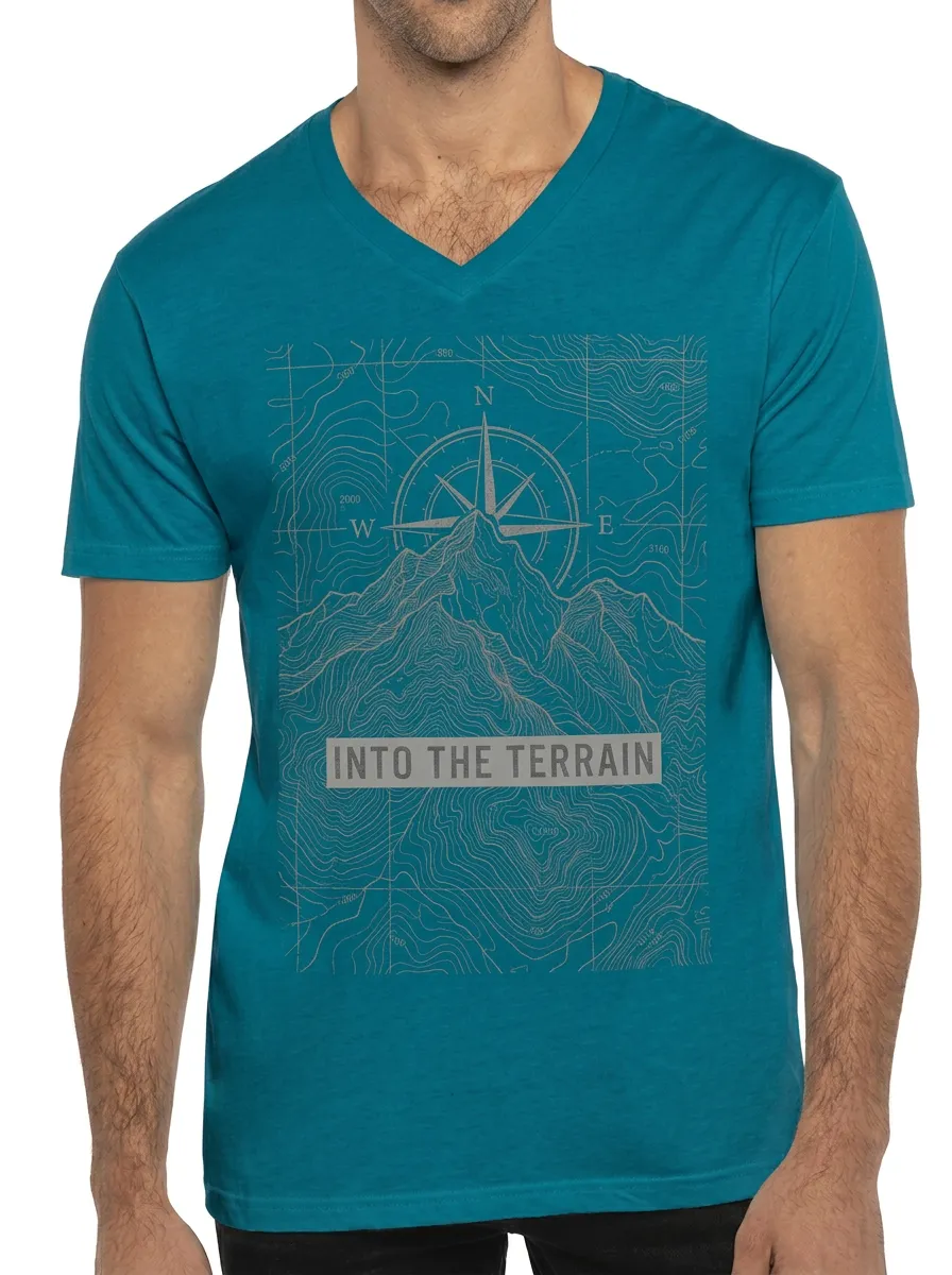 Men's Hiking Outdoor Lover Topographic Map Compass Printed V-Neck T-Shirt