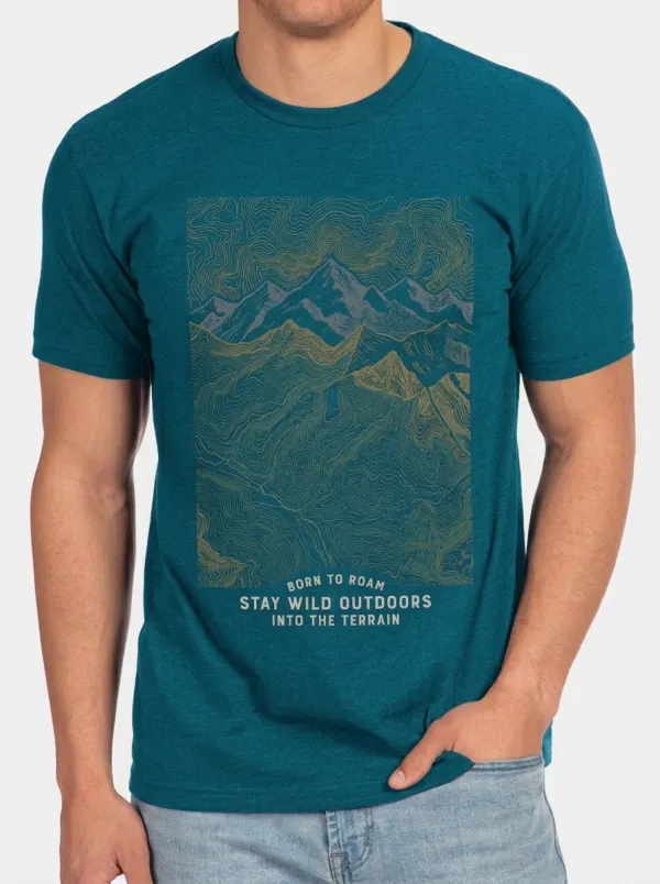 Men's Crewneck Overland Roamer Outdoor Adventure Mountain Topographic Graphic T-Shirt