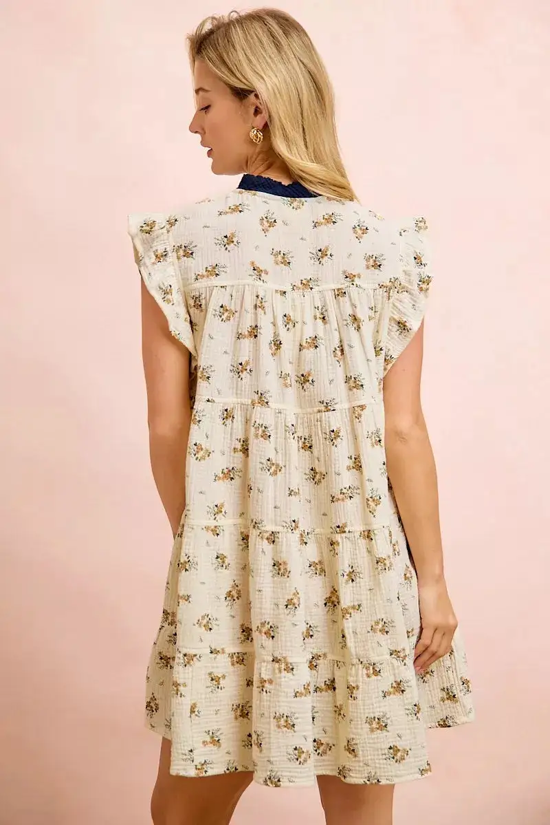 Floral Multi-Tiered Dress With Ruffles And Front Tie