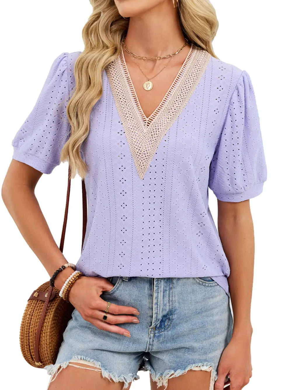 Refined V-Neck Short-Sleeve Lace-Detail T-Shirt