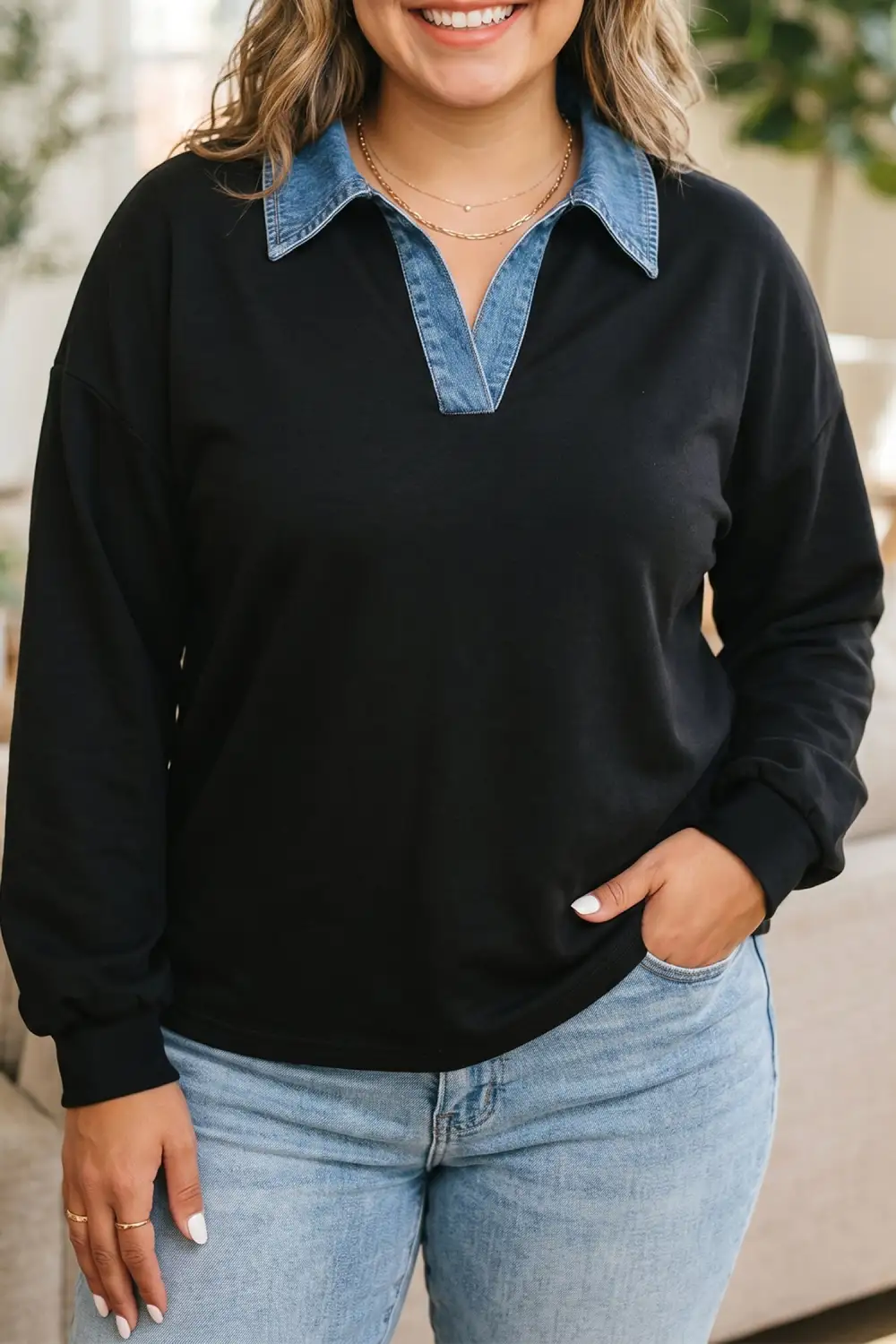 Refined Color Block V Neck Denim Accent Relaxed Cotton Blend Long Sleeve Top