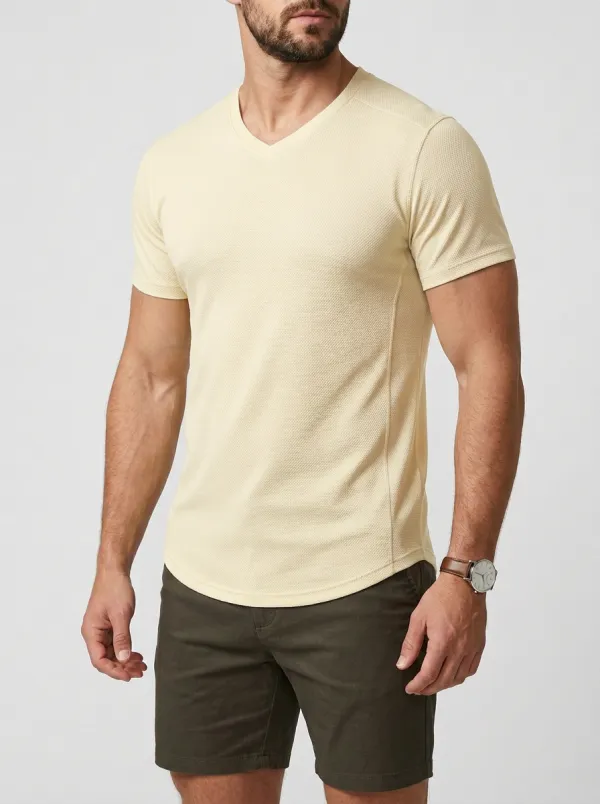 Refined Textured Curved Hem V-Neck Edit Men's Slim Fit Short Sleeve T-Shirt