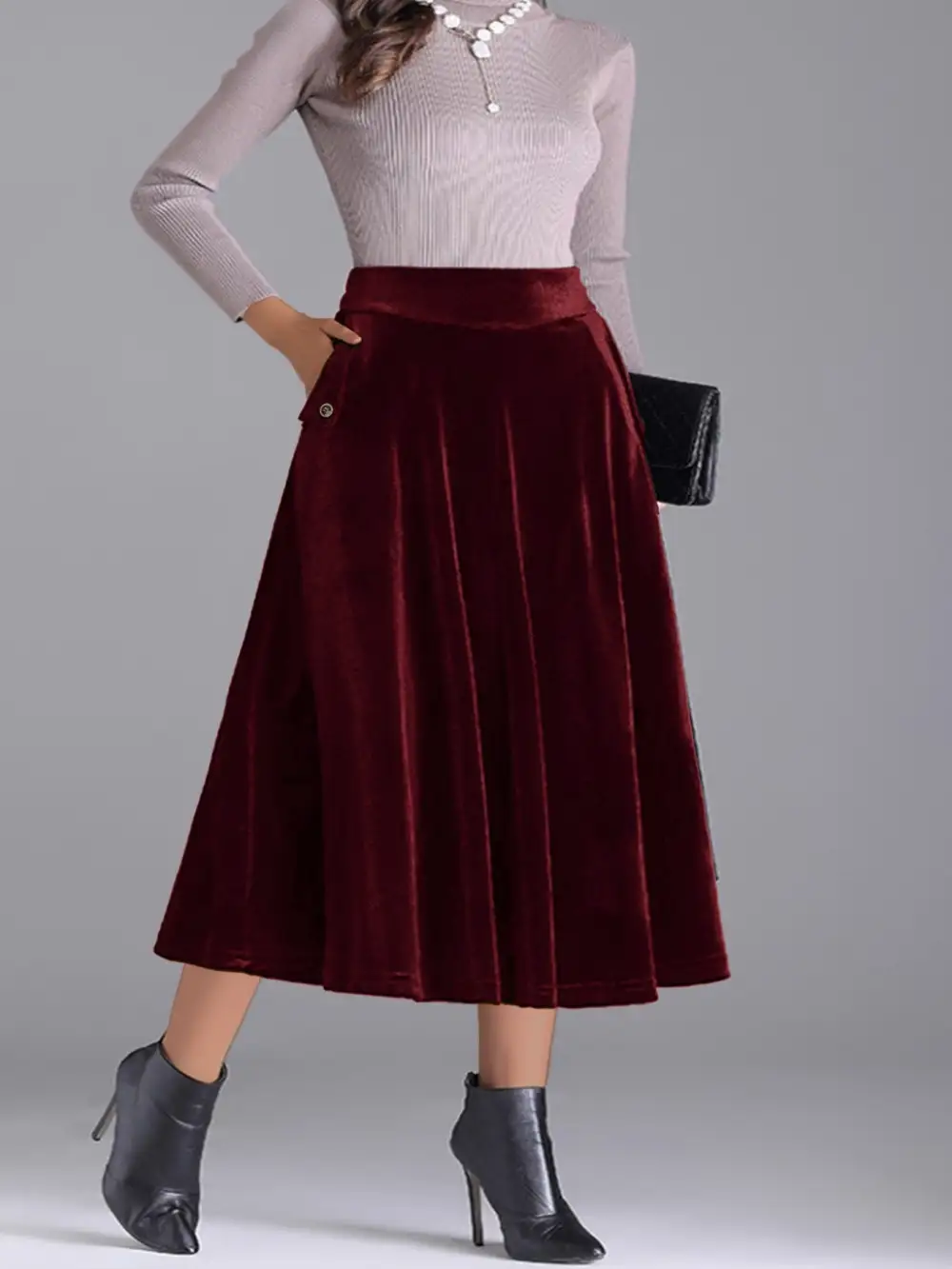 Plus Size Elegant Velvet A-line Midi Skirt