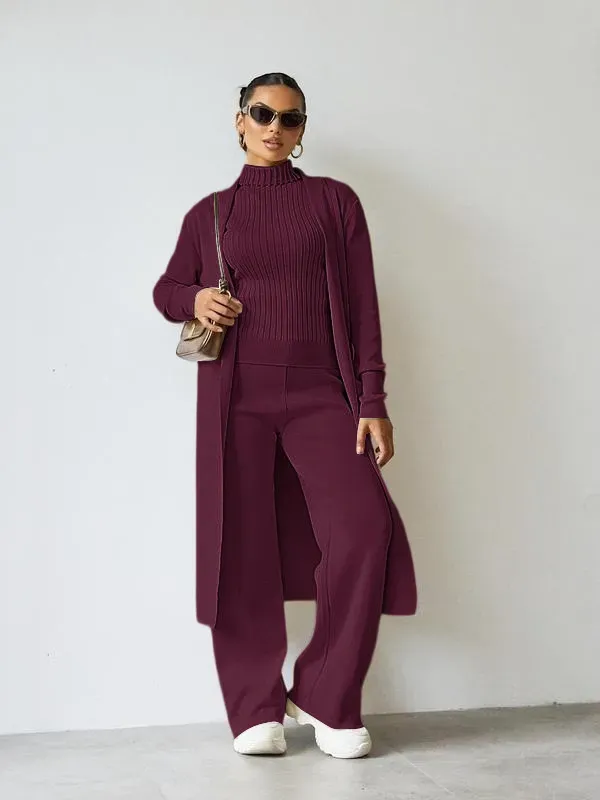Trendy Knit Turtle Neck Tank & Wide Leg Trousers With Open-Front Long Cardigan Three-Piece Sets