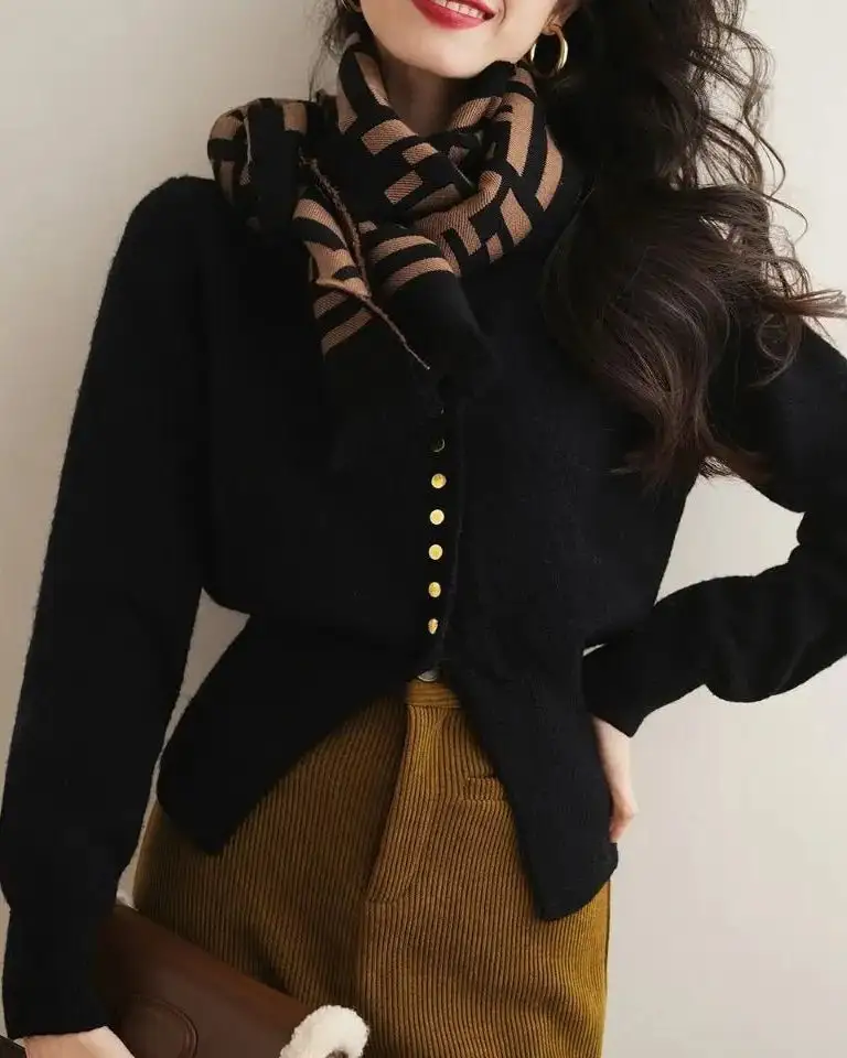 Acrylic-Blend Button-Front Round-Neck Cardigan
