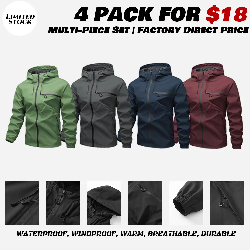 Men's Plain Waterproof Windproof Drawstring Zip Up Hooded Jacket, Casual Long Sleeve Zipper Pocket Design Outerwear for Outdoor Activities, Men's Clothes for All Seasons, Menswear m 65 jacket Stripe Print Baseball Bomber Jacket