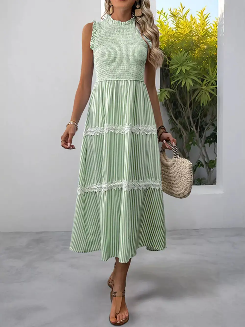 Gathered Detail Striped Lace Smocked Midi Dress