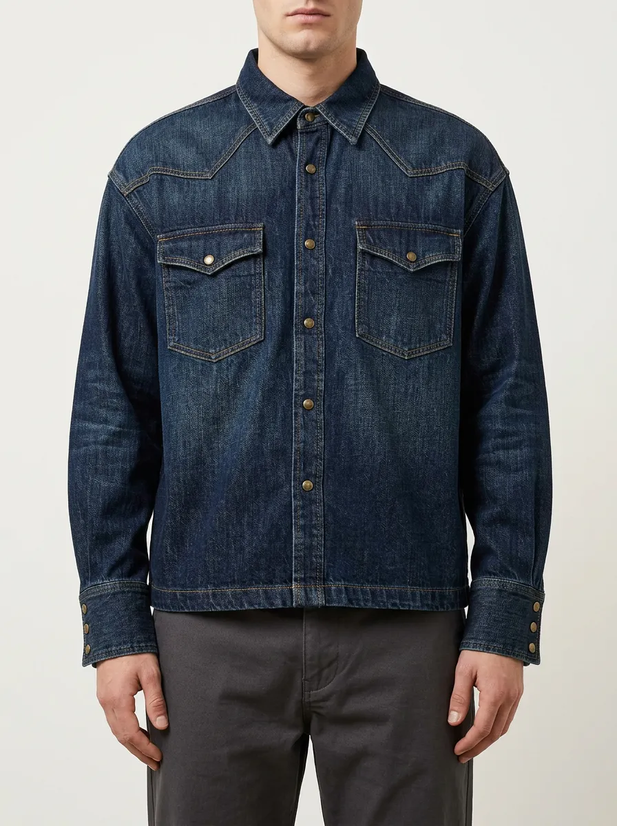 Everyday Western-Style Denim Shirt Featuring a Snap-Button Front