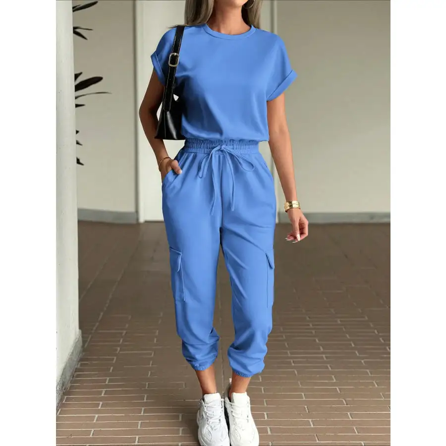 Round Neck Short Sleeve Top and Pants Set