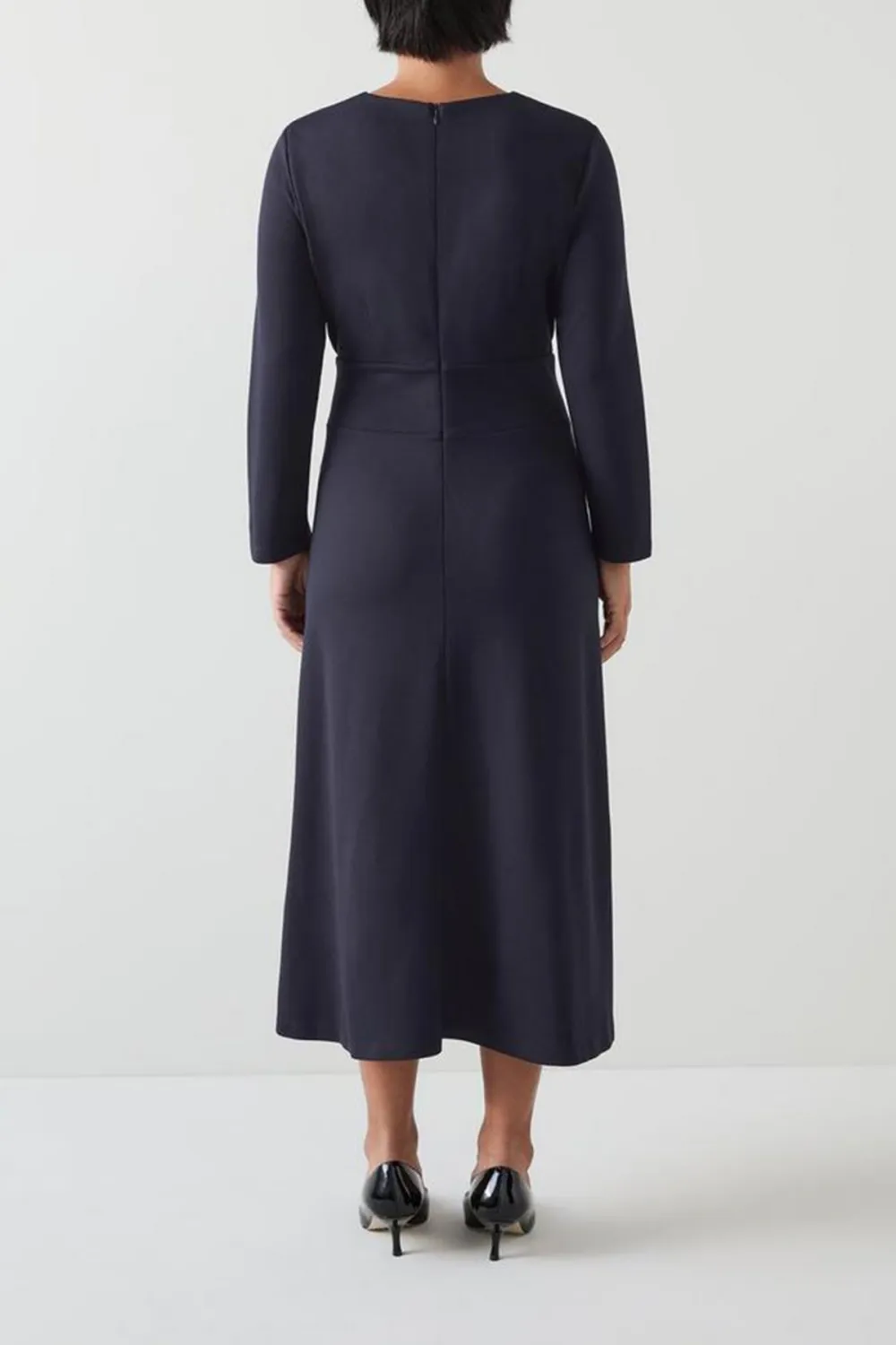 Navy Blue Long Sleeve V Neck Midi Dress