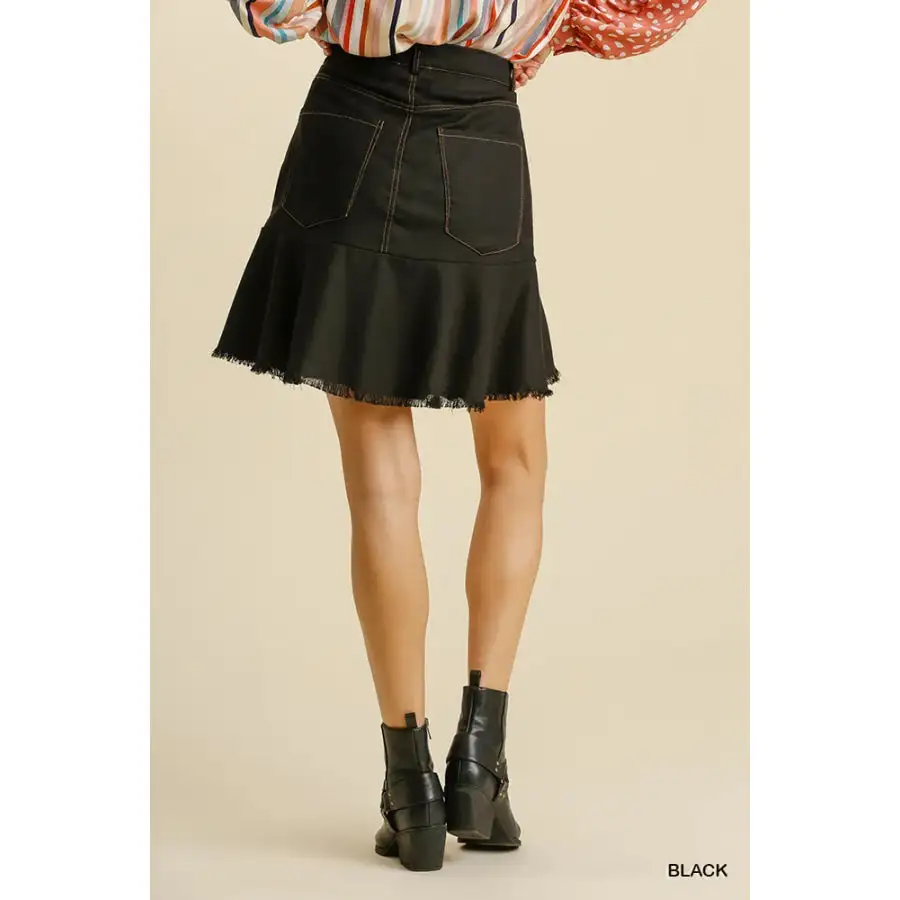 Umgee Linen Blend Pockets High Low Skirt with Frayed Hem