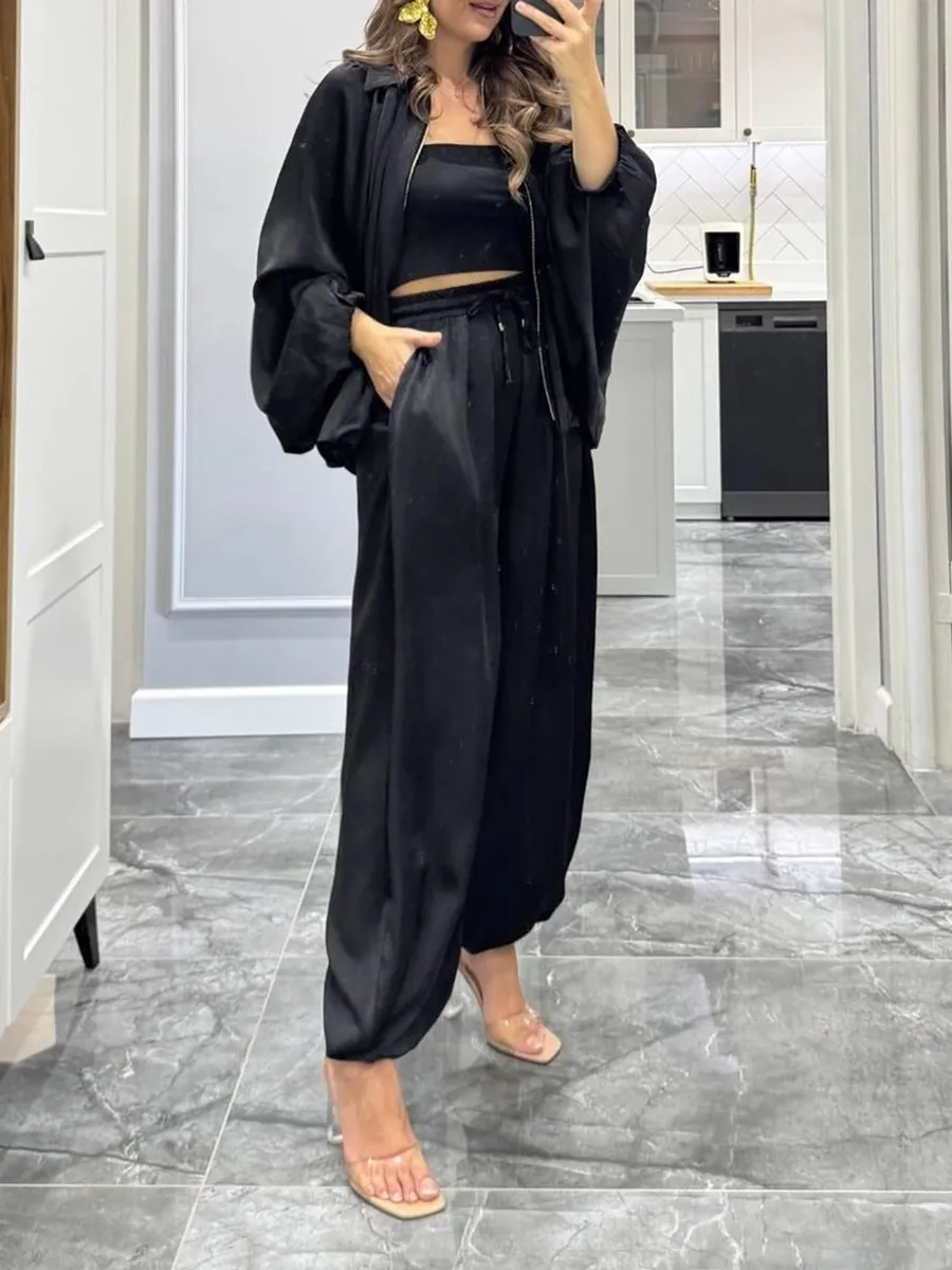 Women's solid color cross-section design casual zipper cardigan & pants set