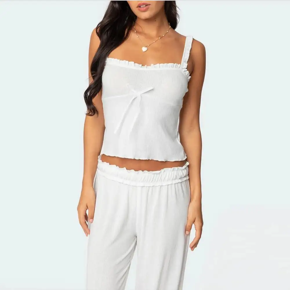 Applique Bow Frill Trim Crop Top and Long Pants Lounge Set