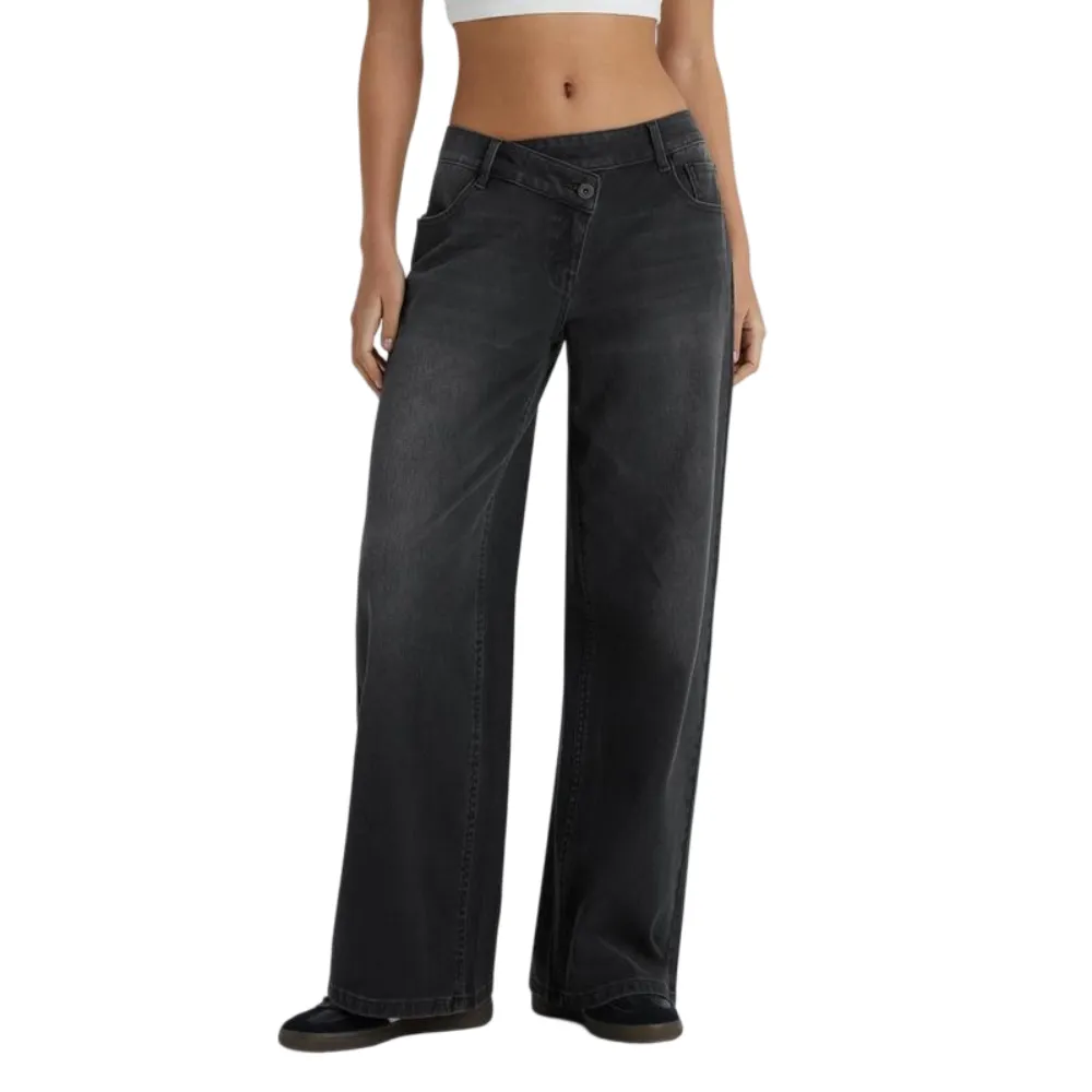 Asymmetric Low Rise Zipper Pockets Baggy Wide Leg Washed Casual Jeans