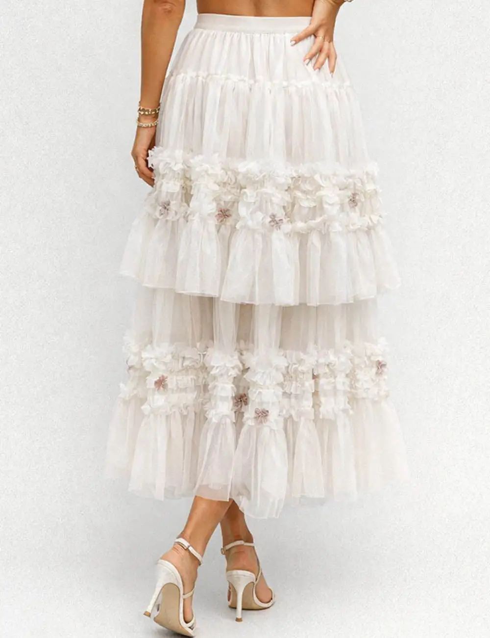 Tiered Ruffle Mesh Maxi Skirt