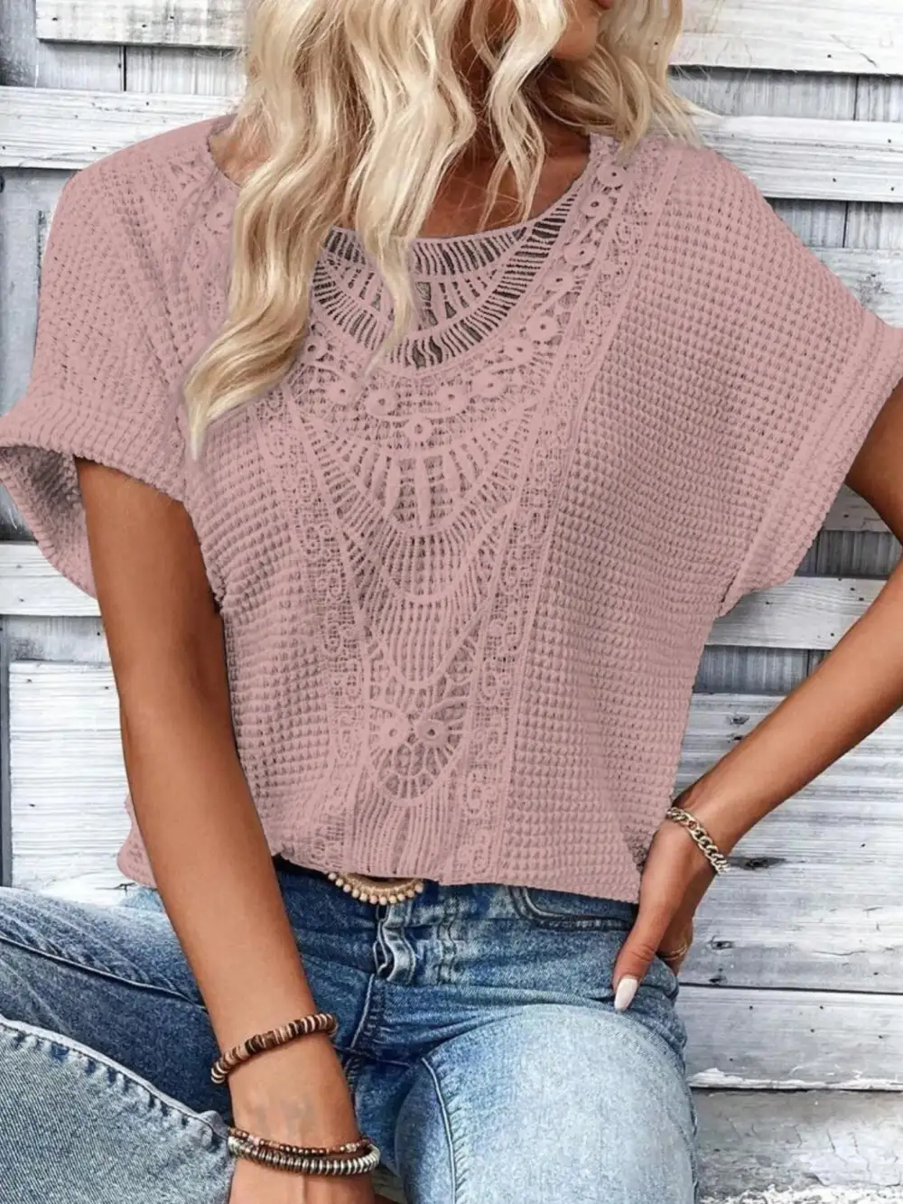 Refined Short-Sleeve Lace-Detail Knit T-Shirt
