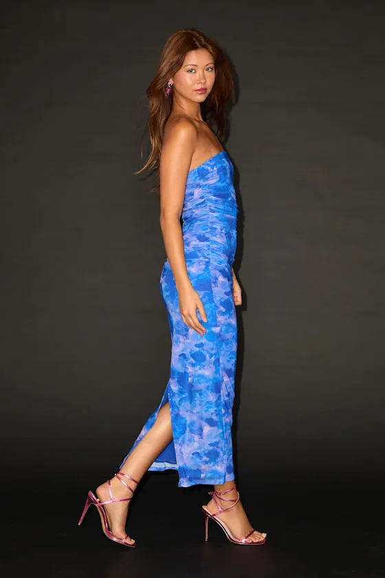 Late Night Crush Blue Multi Mesh Ruched Strapless Midi Dress