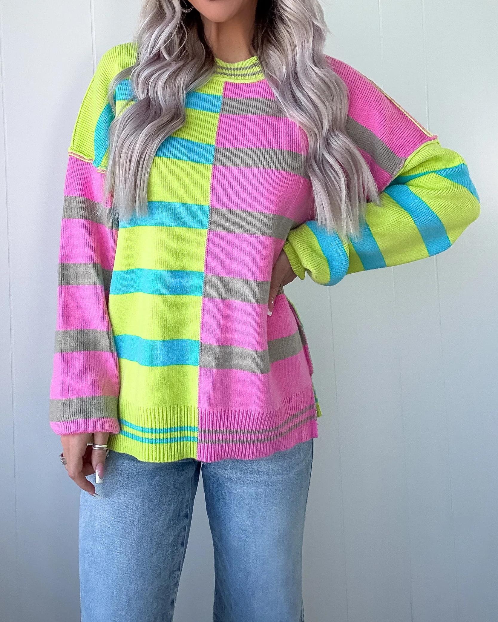 Gilded Horizon Colorblock Striped Sweater - Lime