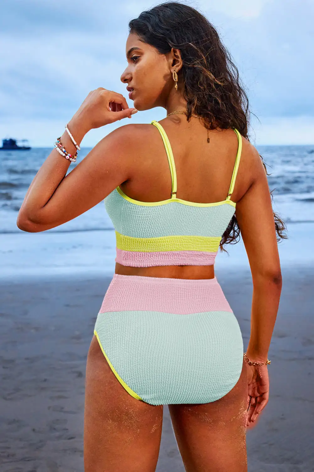 Blocked Pattern High Waisted Bikini Swim Set