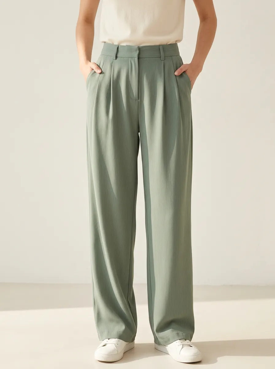 Women's Herringbone Pleated Wide-Leg Casual Pants